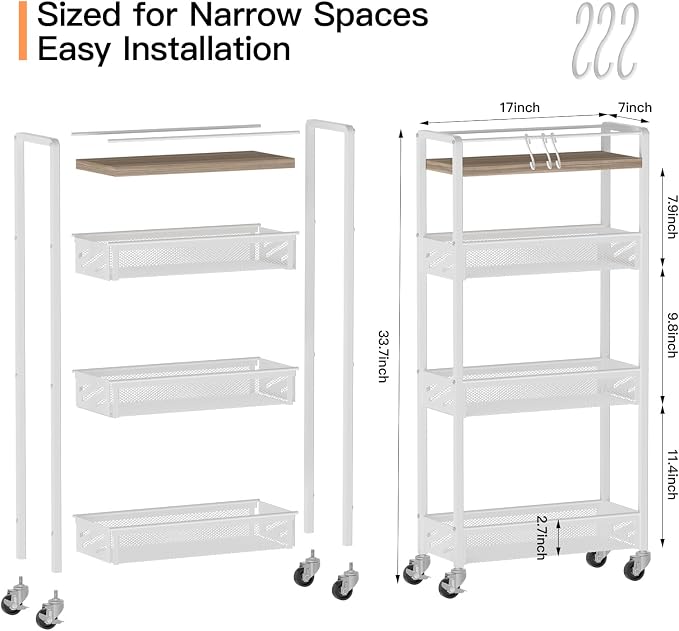 DGSNADGO Slim Rolling Storage Cart, 4-Tier Narrow Kitchen Cart with Wheels | Metal Mobile Snack Shelving, Skinny Rolling Spice Rack for Small Space in Kitchen, Living Room, Bathroom, Beige and White - Image 4