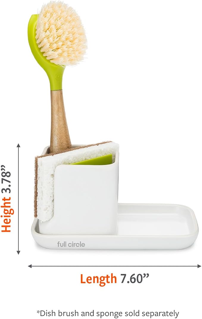 Full Circle Stash, Ceramic Kitchen Sink Caddy, Stylish Modular Sponge Holder & Dish Brush Organizer, Green and White, 11" - Image 5