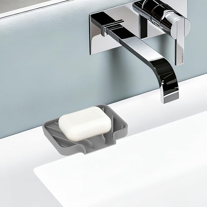 JACZZO Silicone Soap Dish for Shower and Bathroom - Small Bar Soap Holder with Self Draining Spout - Non-Slip Sink Tray Organizer for Kitchen Counter and Narrow Ledge, Gray (3.5" x 5") - Image 7