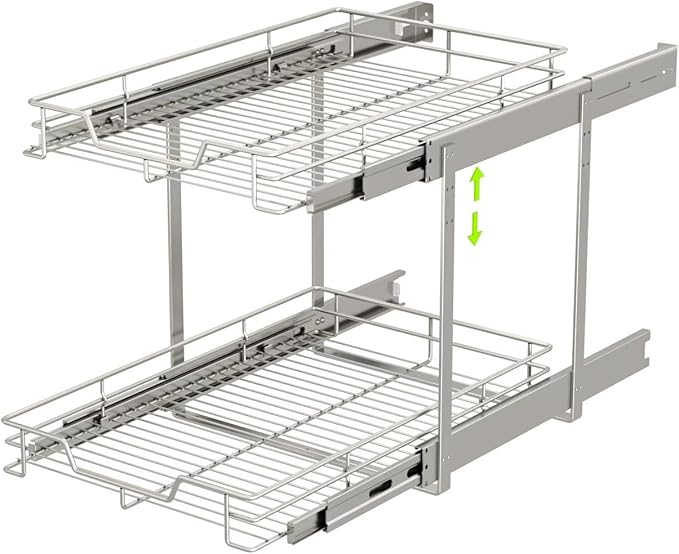 EZKAZA Pull Out Cabinet Organizer 9.5" W x 21" D, 2-Tier Kitchen Cabinet Pullout Shelf and Drawer Organizer Slide Out Pantry Storage Basket, 8.2" W x 21" D x 2.4" H for Bottom Basket Size - Image 7