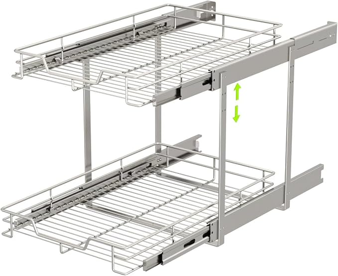 EZKAZA Pull Out Cabinet Organizer 11.5" W x 21" D, 2-Tier Kitchen Cabinet Pullout Shelf and Drawer Organizer Slide Out Pantry Storage Basket, 10.2" W x 21" D x 2.4" H for Bottom Basket Size - Image 8