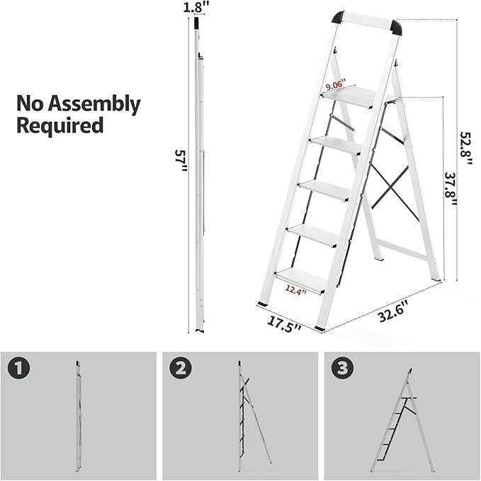 KINGRACK Aluminium 5 Step Ladder, Lightweight Step Stool with Non-Skid Pedals, Handrail, Foldable Step Ladder for Kitchen, Garage, Home, Space Saving, Sturdy and Portable, Silver - Image 9