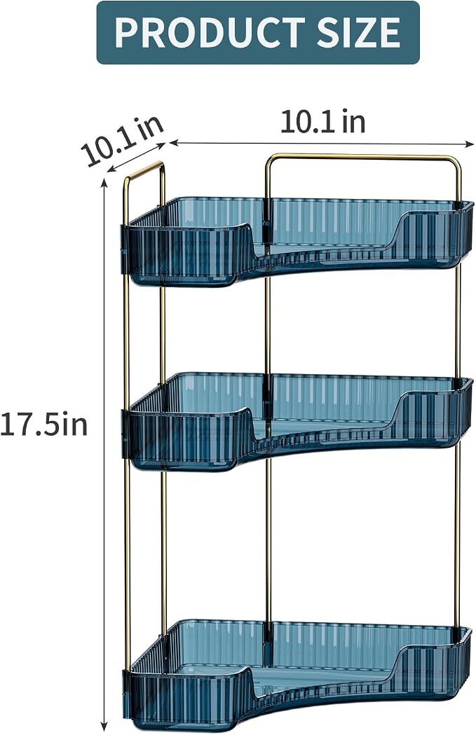 Corner Bathroom Counter Organizer Bathroom Countertop Shelf Makeup Organizer for Vanity Perfume Tray for Corner Storage (3 Tiers, Blue) - Image 2