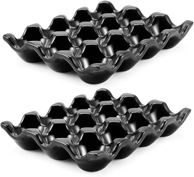Flexzion 12 Cups Ceramic Egg Holder for Fridge - Dozen Ceramic Egg Tray Porcelain Container Storage Organizer Decorative Serving Stand Serveware for Refrigerator Countertop Display (Black, 2 Pack) by Flexzion