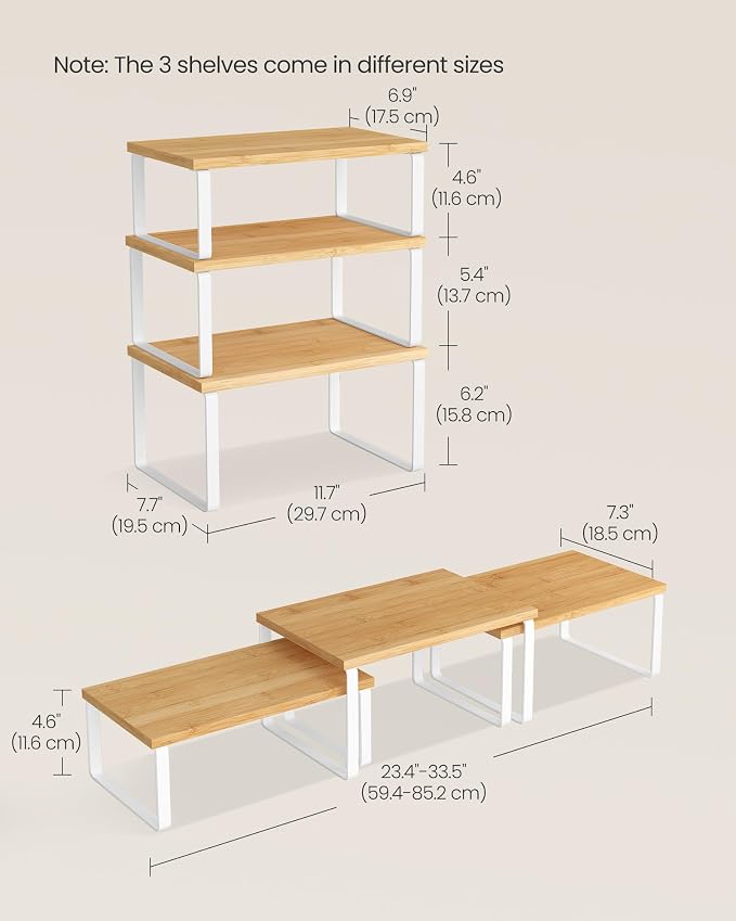 SONGMICS Cabinet Organizer Shelf, Set of 3 Spice Rack, Kitchen Storage | Kitchen Counter Shelves, Kitchen Storage, Spice Rack, Light Bamboo and Matte White, BYSTRO Collection UKCS014W01 - Image 5