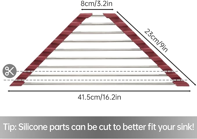 Tomorotec Triangle Roll Up Dish Drying Rack 304 Stainless Steel Wine Red | BPA-Free Food-Grade Silicone Edges Foldable Waterproof Rustproof Heavy-Duty Space Saver Heat Resistant to 550°F - Image 4