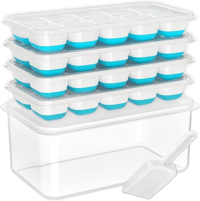 DOQAUS Ice Cube Tray with Lid and Bin,4 Pack Ice Cube Trays for Freezer | Silicone, Stackable. Easy Release Trays with Storage Bin & Scoop. Ideal for Freezer, Kitchen, RV, Cocktail, Coffee. by DOQAUS