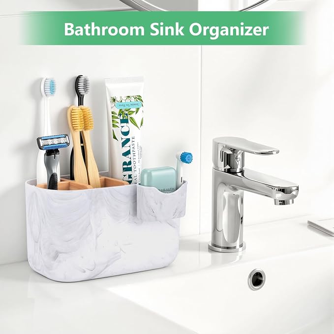 GFWARE Marble Toothbrush Holder, Bathroom Storage Organizer with Small Box | 5 Slots Kids Electric Toothbrush and Toothpaste Holder with Bamboo Divider, Marble-Look Bathroom Accessories Storage - Image 3