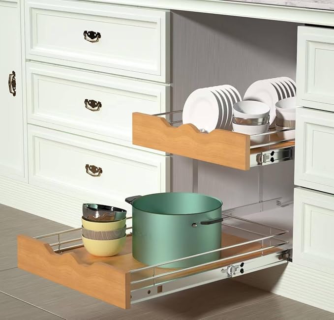 DINDON 2 Tier Pull Out Cabinet Organizer (17" W x 21" D) Slide Out Wood Shelf Double Tier Kitchen Wire Basket With Chrome Finish… - Image 2