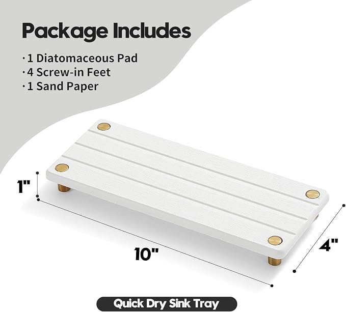 Instant Dry Sink Caddy Kitchen Sink Organizer, Quick Drying Diatomaceous Earth Stone Sink Tray Sponge Holder Soap Dish, Bathroom Countertop Vanity Dispenser Toothbrush, Gold White, 10" x 4" - Image 6