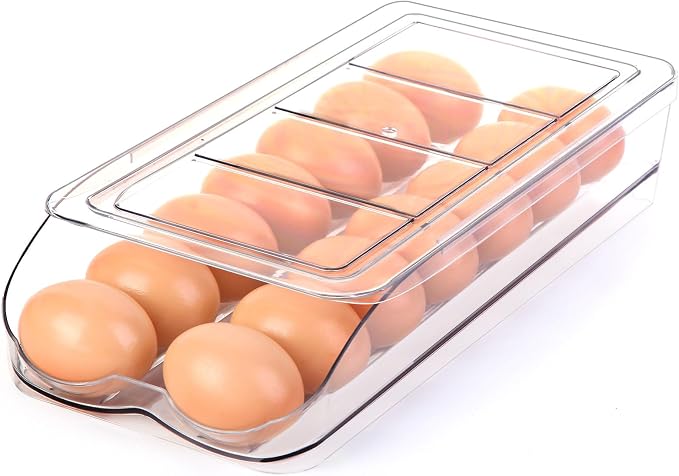 RoskDeewat Egg Holder for Fridge, Automatic Rolling Egg Container -1 Tier | Stackable Fridge Organizers and Storage with Lid, Sturdy Clear Plastic Egg Dispenser & Tray for Refrigerator by RoskDeewat