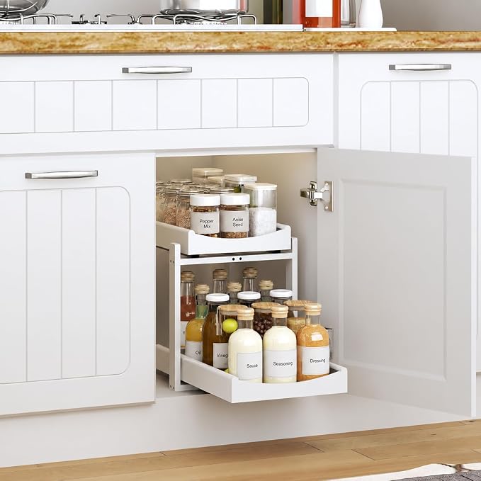 MHXW SXPN Bamboo Under Sink Organizer, 2 Pack Pull Out Cabinet Organizer | 2 Tier Vertical Smooth Slide Out Undersink Storage Shelf | Multi-Purpose Organizer Shelves for Kitchen Bathroom Medicine - Image 2