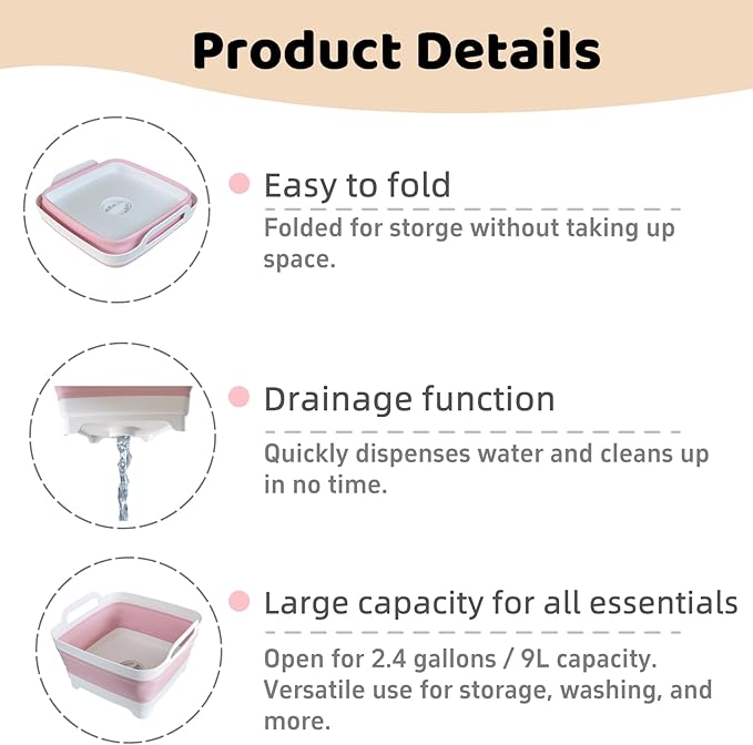 Collapsible Wash Basin for Baby Bottles - 2.4 Gallons Portable Wash Bin for RV Camping Sink, Space-Saving Dish Tub (Pink) - Image 5