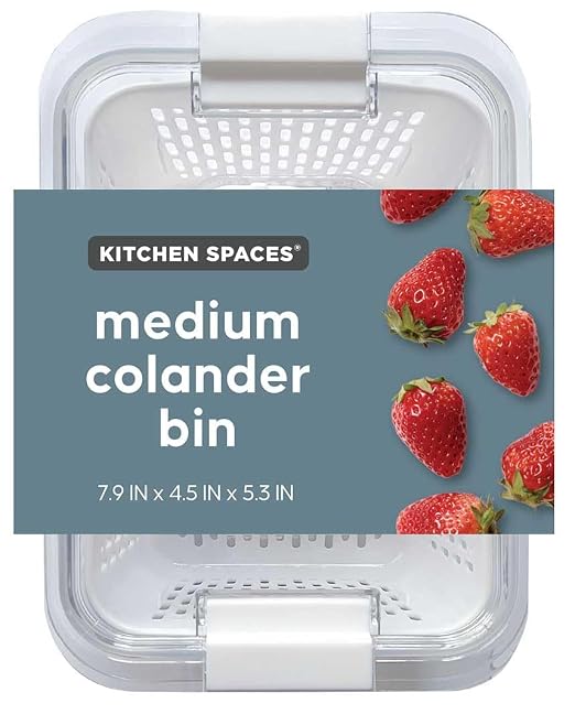 Kitchen Spaces Colander Bin, Produce Saver, Fridge Organizer With Lid, Wash, Strain and Store, Great for Refrigerator, Freezer and Pantry, Medium, White, Pack of 1 by KitchenSpaces