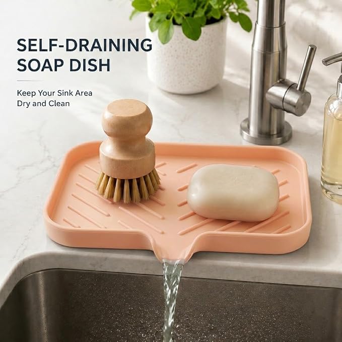 MicoYang Silicone Soap Dish with Drain Spout — Self-Draining Sink Organizer Tray for Bathroom & Kitchen, Sponges, Dispensers & Soap Holder, Non-Slip & Dishwasher Safe, Pink (Medium, 9.6"×5.3") - Image 7