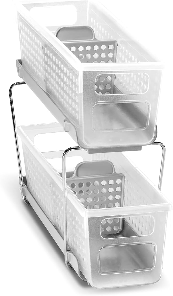 madesmart Mini 2-Tier Organizer, Multi-Purpose Slide-Out Storage with Handles and Dividers for Home and Bath, Frost | pull out bins, adjustable dividers, tiered access, cleaning supplies, under sink use, pantry bottles, woman owned - Image 3