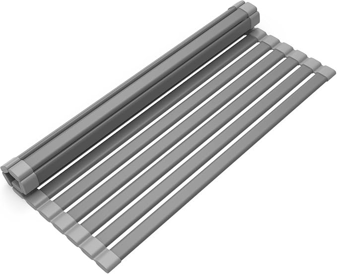 KABUM 17.72x11.81 Heavy-Duty Aluminum Alloy Roll Up Dish Drying Rack | Food-Safe Coating with Anti-Skid Silicone, Extra Wide Thickened Sink Drying Rack for Kitchen Counter, Space-Saving Organizer by KABUM
