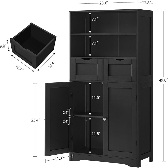 Iwell Tall Storage Cabinet, Black Storage Cabinet & Adjustable Shelves, Bathroom Cabinet for Living Room, Dining Room, Entryway, Black - Image 3