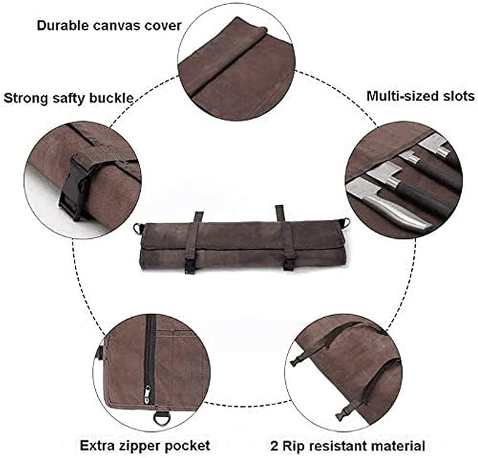 Chef’s Knife Roll Bag,Waxed Canvas Knife Cultery Carrier, Portable Chef Knife Cases,Knife Pouch Holders With 10 Slots Plus 1 Zipper Pockets Can Hold Home Kitchen Knife Tools Up To 18.8” - Image 3
