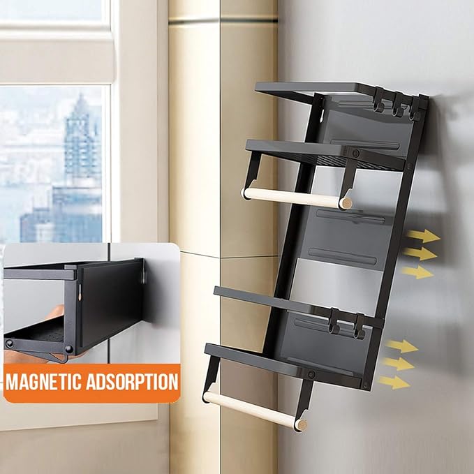 Jolitac Magnetic Fridge Spice Rack- Space Saving Organizer Black Shelf on Refrigerator, Kitchen Paper Towel Holder, Foldable Design (Black-Small) - Image 9