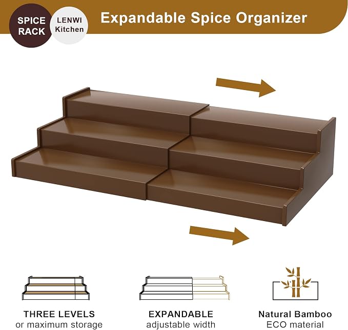 Lenwi Spice Rack Organizer for Cabinet, 3 Tier Expandable Bamboo Spice Storage for Kitchen Cupboard Pantry, Brown - Image 4