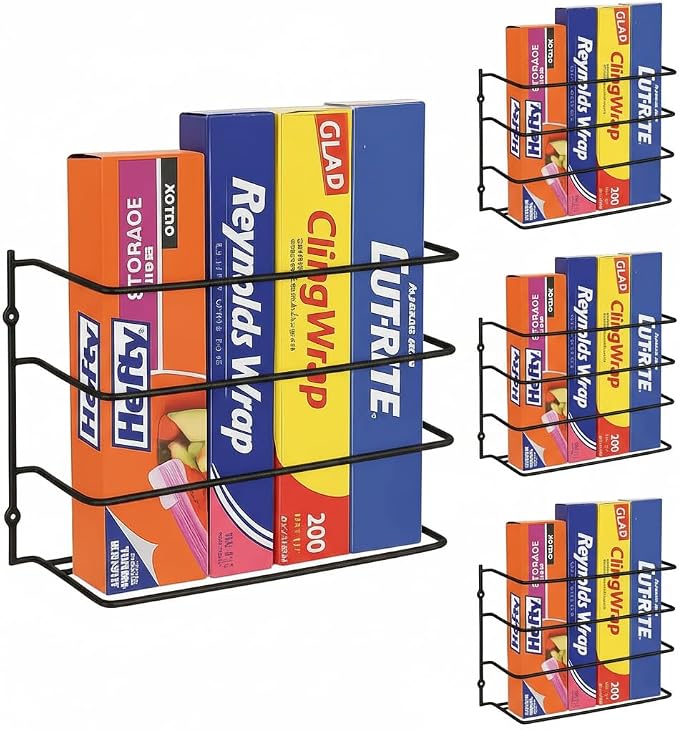 Evelots Kitchen Wrap & Food Bag Organizer Wall/Cabinet Mount, 4-Pack, Black | Four baskets mount inside a cabinet or on a wall to keep foil, plastic wrap and food bags organized, saving counter space. by Evelots