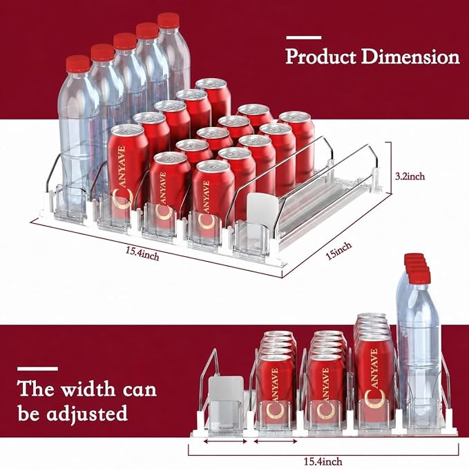 Canyave Self-Pushing Beverage Organizer for Fridge – Adjustable Spring Loaded Drink Dispenser & Soda Can Organizer – Clear Glide Rack Fits Cans, Bottles, Slim & Standard Sizes for Kitchen Pantry - Image 3