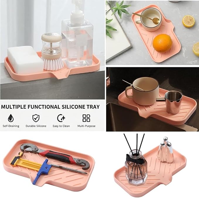 MicoYang Silicone Soap Dish with Drain Spout — Self-Draining Sink Organizer Tray for Bathroom & Kitchen, Sponges, Dispensers & Soap Holder, Non-Slip & Dishwasher Safe, Pink (Medium, 9.6"×5.3") - Image 5