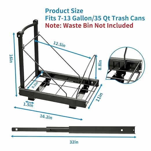Pull Out Trash Can with Soft-Close for Kitchen Cabinets, Under Sink Drawer | Adjustable for 7-13 Gal can, Black Thick Handle & Frame, Up to 125 lbs Capacity, Fits 13"W x 18"D cabinets, Can Not Included - Image 5