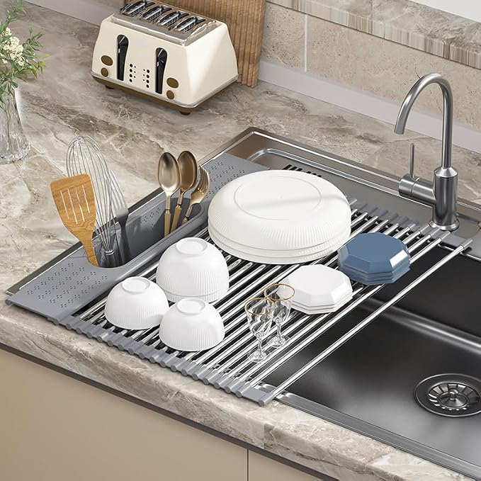 Roll Up Dish Drying Rack Over Sink, 20" X 15.2" Foldable SUS304 Stainless Steel Kitchen Dish Drainer, Heat-Resistant Multipurpose Rolling Sink Rack Organizer, Grey - Image 2