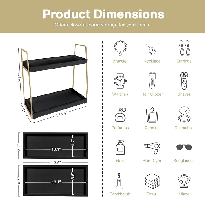 Forbena Black and Gold Bathroom Organizer Countertop, 2 Tier Counter Organizer for Bathroom Decor, Modern Sink Shelf Organizers for Vanity Storage, Make upTray for Makeup Bedroom - Image 2