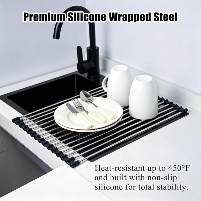 Roll Up Dish Drying Rack 17.5''x13.7'' Black | Kitchen Rolling Dish Drainer, Foldable Sink Rack Mat Stainless Steel Wire Dish Drying Rack for Kitchen Sink Counter Storage - Image 2