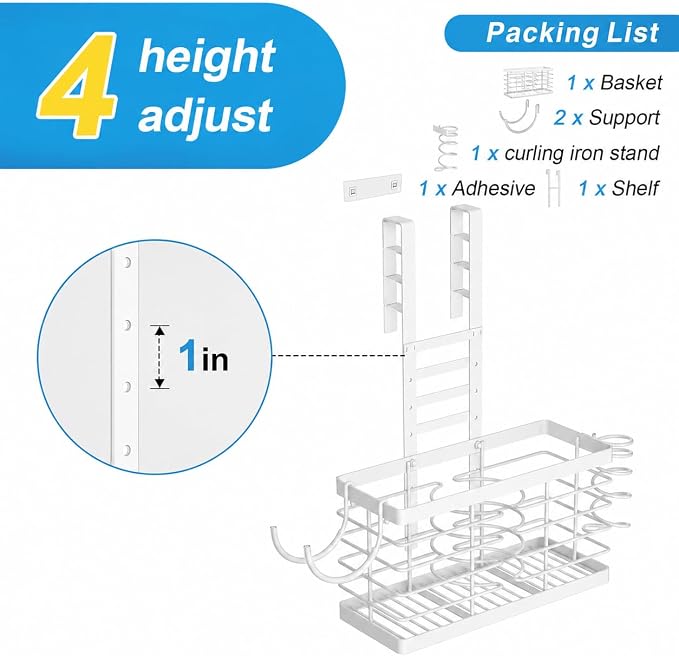 2026 Upgraded 3-in-1 Universal Hair Tool Organizer, XL Size, White | Adjustable Height Metal Hair Dryer Holder, Wall Mounted, Over Cabinet Door, Countertop, Bathroom Storage - Image 6