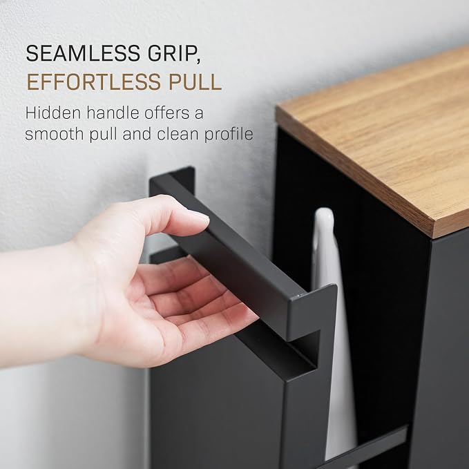 Yamazaki Home Pull-Out Bathroom Storage Cabinet with Wood Top, Black | Slim space-saving bathroom storage cabinet with a natural wood top. Clever pull-out design. Holds 12 rolls of toilet paper. - Image 7