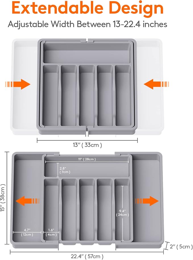 Lifewit Extra Large Silverware Drawer Organizer, Expandable Utensil Tray | BPA Free Flatware Cutlery Holder for Kitchen, Adjustable Plastic Storage for Spoons Forks Knives, 13-22 x15, Gray - Image 3
