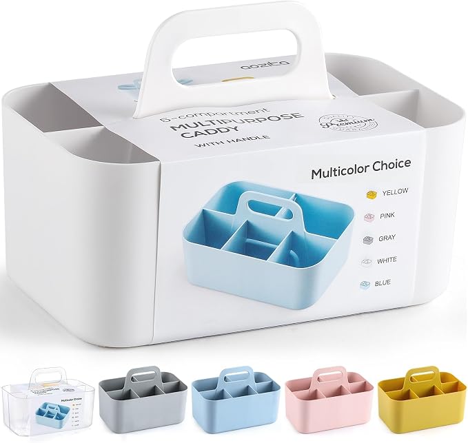 Multiuse Caddy Organizer with Handle, Portable Divided Plastic Tote Bin - Art Craft, Stationary Pen Marker Crayons, Makeup Hair Supplies Storage - Bathroom, Classroom, Dorm, Office, Desk Holder -White by AOZITA