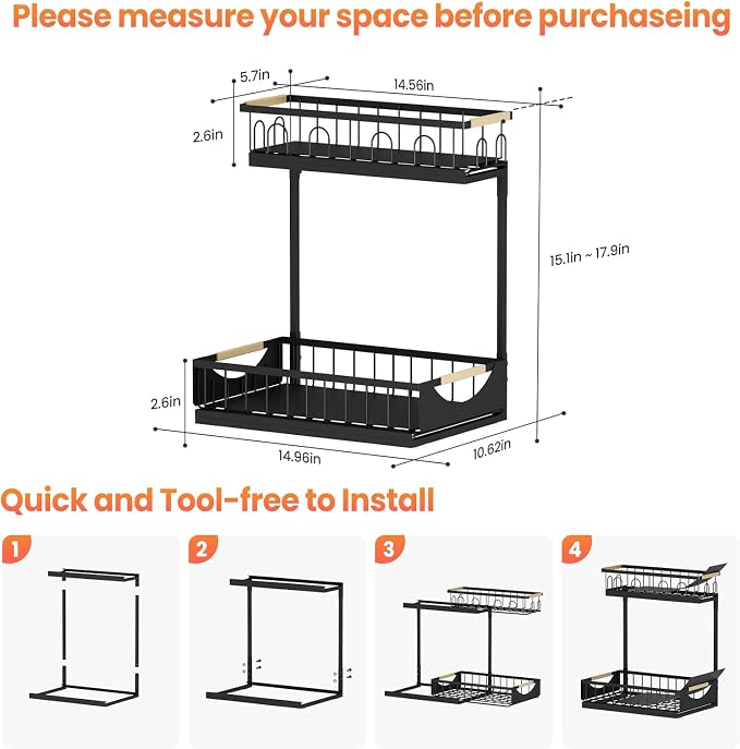 Under Sink Organizer and Storage for Bathroom and Kitchen - 2 Pack 2 Tier | Cabinet Pull Out Shelf Organizers - Slide Out Drawer Organization for Home Cabinets Shelves and Drawers - Image 7