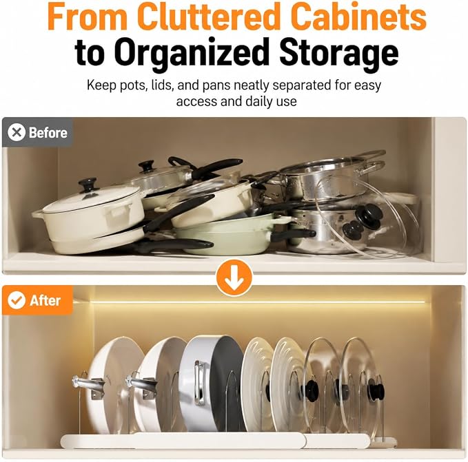 Expandable Pots and Pans Organizer Under Cabinet, Pan Organizer Rack with 9 Adjustable Slots, Pot Lid Holder for Cabinet, Countertop, Plates, Cutting Boards, Baking Sheets-White - Image 3