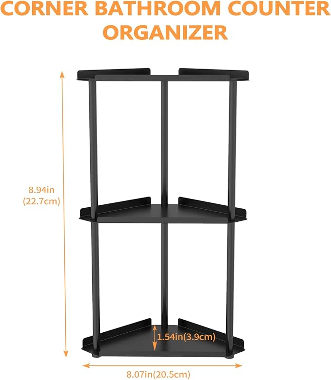 FLE Corner Bathroom Counter Organizer, 3 Tier Corner Shelf Countertop Black | 3 Tier Corner Shelf, Tabletop Mount,Waterproof solid shelf fits bathroom toiletries and kitchen condiment storage. - Image 2