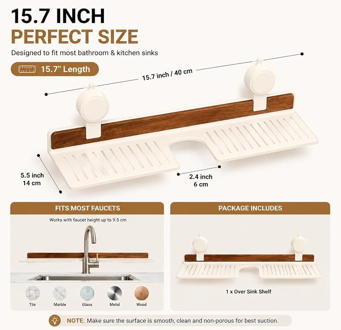 Bathroom Over Sink Shelf, 15.7 Inch No Drill Sink Organizer | Bathroom Counter Storage Rack for Toothbrush, Soap, Skincare and Accessories - Image 2