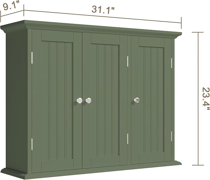 ChooChoo Laundry Cabinet with 3 Doors and Adjustable Shelves | 9.06"D x 31.1"W x 24"H, Bathroom Wall Cabinet, Cupboard, Green - Image 3