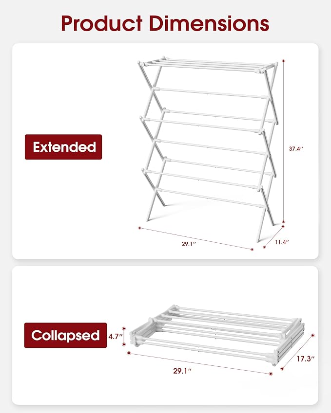 Sakugi Foldable 3-Tier Clothes Drying Rack 37.4" H with Non-Slip Feet | Indoor & Outdoor Use, Space Saving, Metal Frame, 11.4" D x 29.1" W, White - Image 2