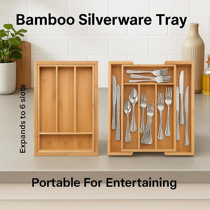 HIC Kitchen Expandable 6-Slot Silverware Cutlery Utensil Storage Tray, Natural Bamboo, Opens to 14-Inches - Image 2