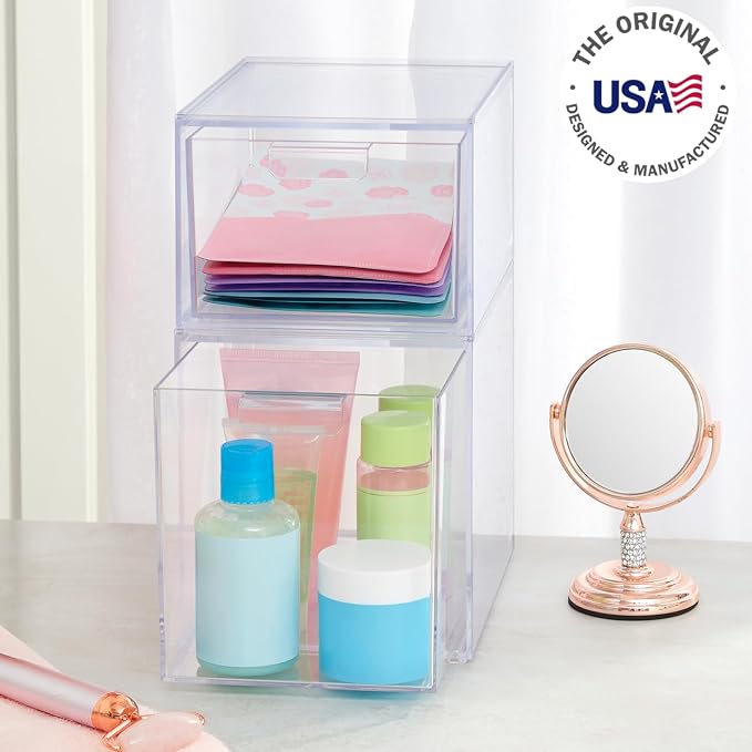 STORi Audrey Stackable Clear Bin Plastic Organizer Drawers | 2 Piece Set | Organize Cosmetics and Beauty Supplies on a Vanity | Made in USA - Image 4