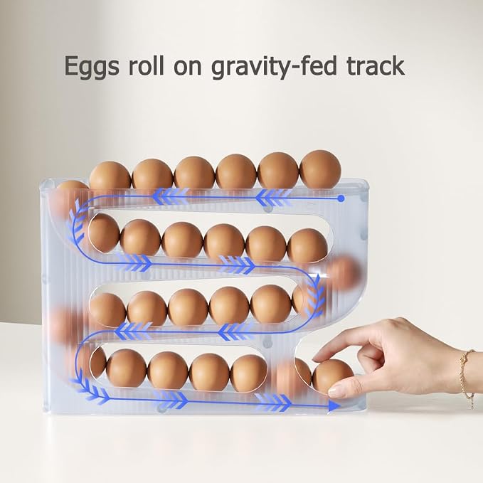 FIFO Egg Holder for Fridge, Egg Organizer for 28 Large Size Eggs | 1-Pack Auto Rolling Egg Dispenser for Refrigerator, Space-Saving Egg Roller/Container/Storage(Frosted Clear) - Image 3
