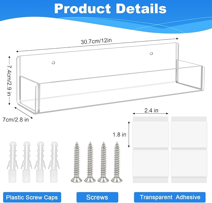 Acrylic Spice Rack Wall Mount-12 Inch, Clear Spice Shelf Storage Holder, 2 Pack Hanging Seasoning Rack Organizer for Cabinet Door, Cupboard or Wall Kitchen (Adhesive or Screw) - Image 3