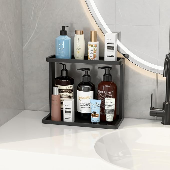 PEKER Bamboo Bathroom Organizer Countertop – Small Vanity Storage Shelf for Makeup, Perfume, Skincare – Natural Cosmetics Display Rack for Dresser, Sink, Kitchen –Black - Image 4