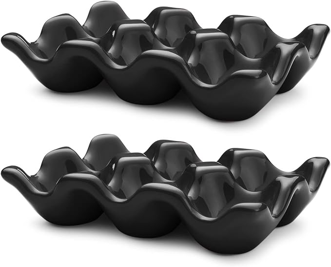 Flexzion Porcelain Egg Crate - 6-Egg Capacity Ceramic Egg Tray, Half Dozen Egg Holder for Fridge, Countertop Display - Black Decorative Serving Dish and Storage Organizer, 2 Pack - Image 2