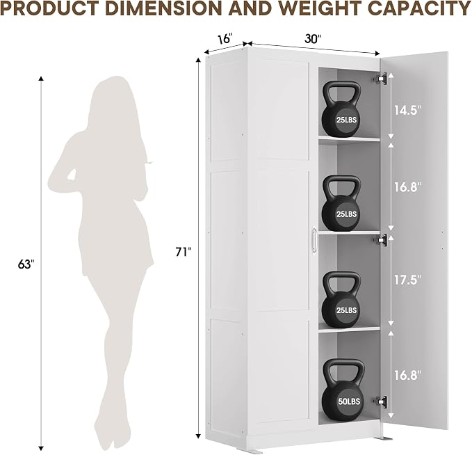 DUMOS Tall Storage Cabinet with Doors and Shelves, Kitchen Pantry Cabinet | 71'' Wood Storage Freestanding Wooden Cabinets for Bedroom, Pantry, Home Office, Dining Room & Living Room, White - Image 3
