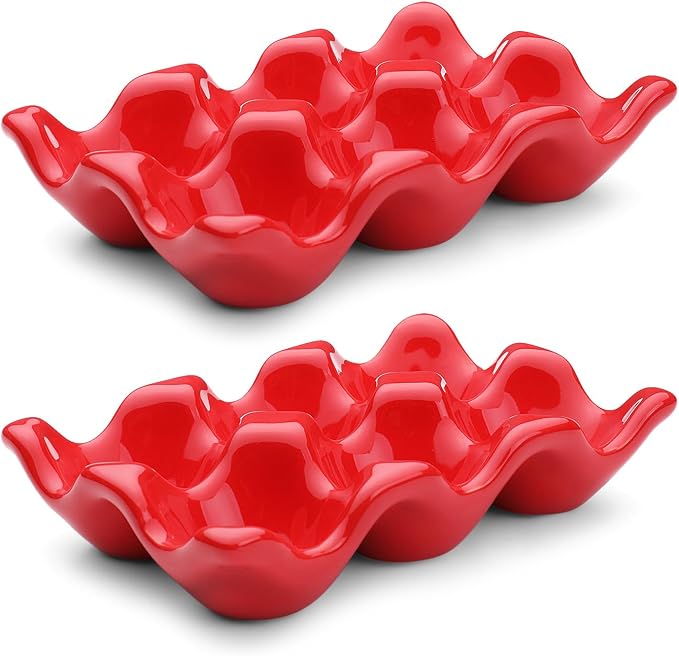 Flexzion Ceramic Egg Tray - 6 Egg Capacity Half Dozen Holder, Red Decorative Serving Dish and Storage Organizer, 2 Pack by Flexzion